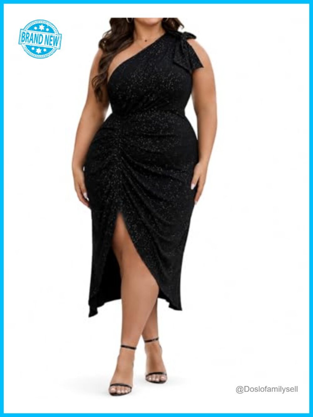 Plus Size One Shoulder Sequin Glitter Cocktail Dress Ruched Wrap Slit Party
